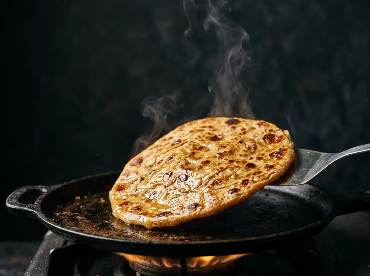 A stack of freshly rolled, golden parathas brushed with ghee